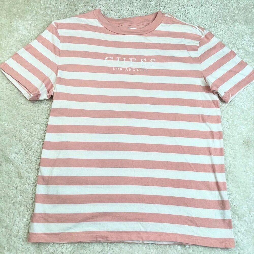 Guess Los Angeles Pink White Striped Short Sleeve Shirt Unisex - Picture 1 of 7